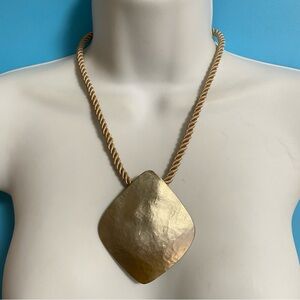 CHICO'S Gold Tone Necklace Hammered Square Pendant Beige Silk Cording 18"-22"